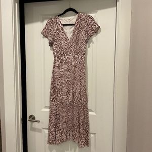 Brown and white polka dot, smocked maxi dress, short ruffle sleeve, v-neck